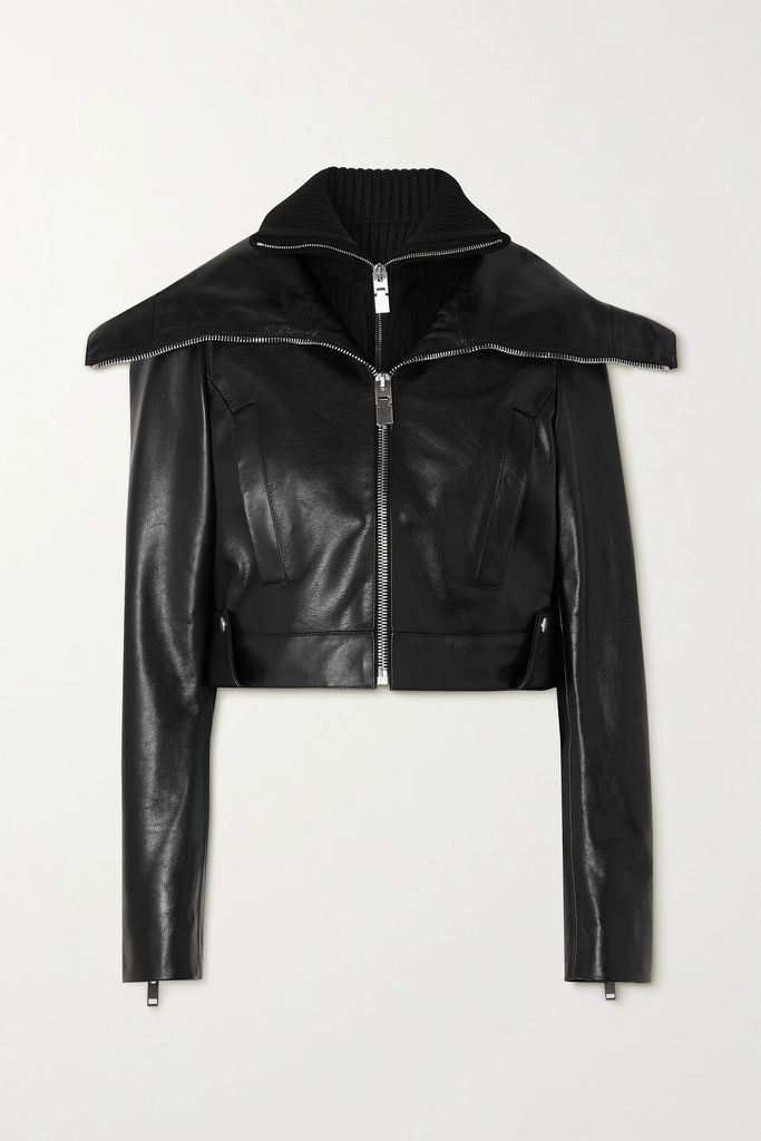 Cropped Leather And Ribbed-knit Jacket - Black