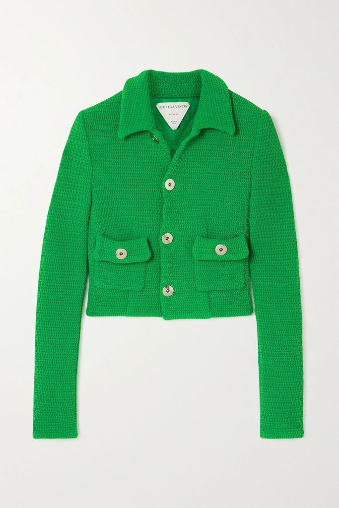 Cropped Open-knit Cotton-blend Jacket - Green
