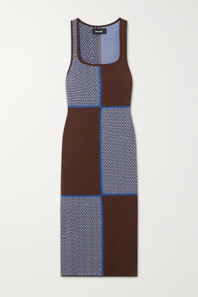 Checkerboard Jacquard-knit Merino Wool Midi Dress - Brown