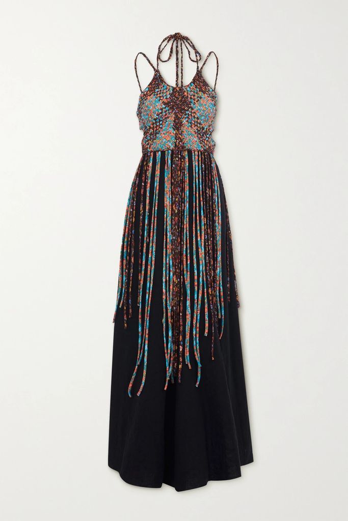Open-back Floral-print Silk And Linen Midi Dress - Black