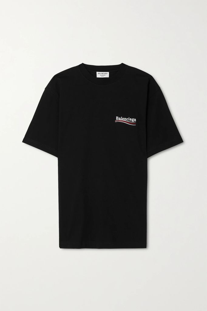 Oversized Embroidered Cotton-jersey T-shirt - Black