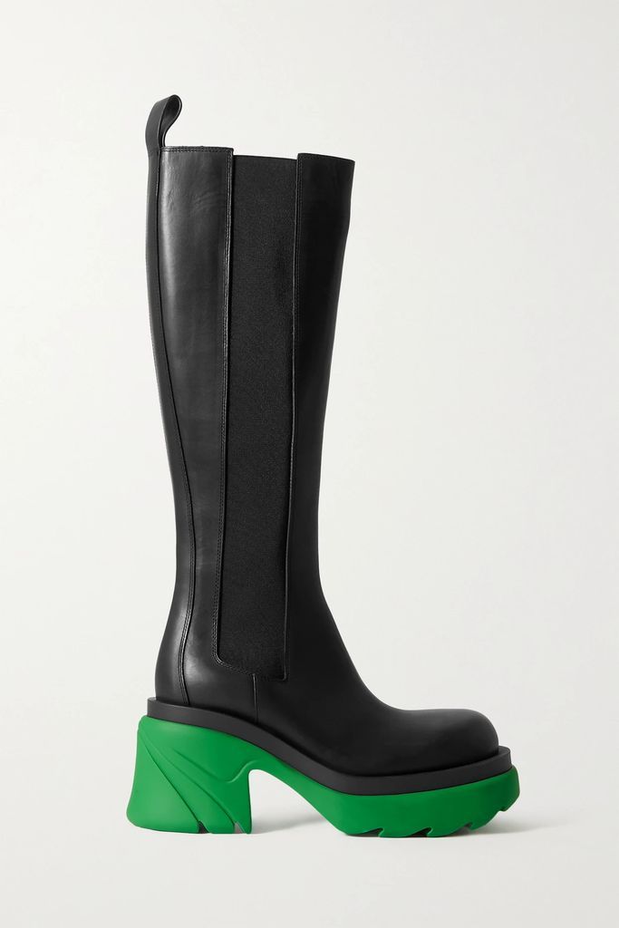 Leather Platform Knee Boots - Black