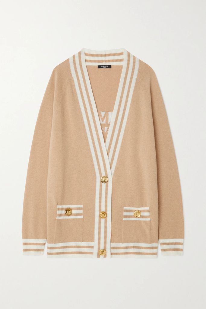 Striped Jacquard-knit Wool-blend Cardigan - Tan