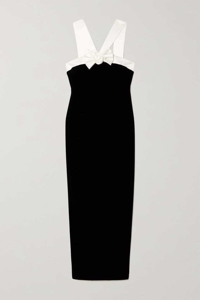 Bow-detailed Silk-trimmed Velvet Gown - Black