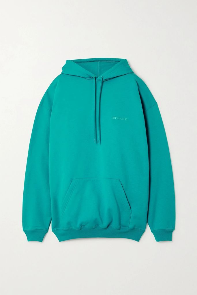 Oversized Embroidered Cotton-jersey Hoodie - Turquoise