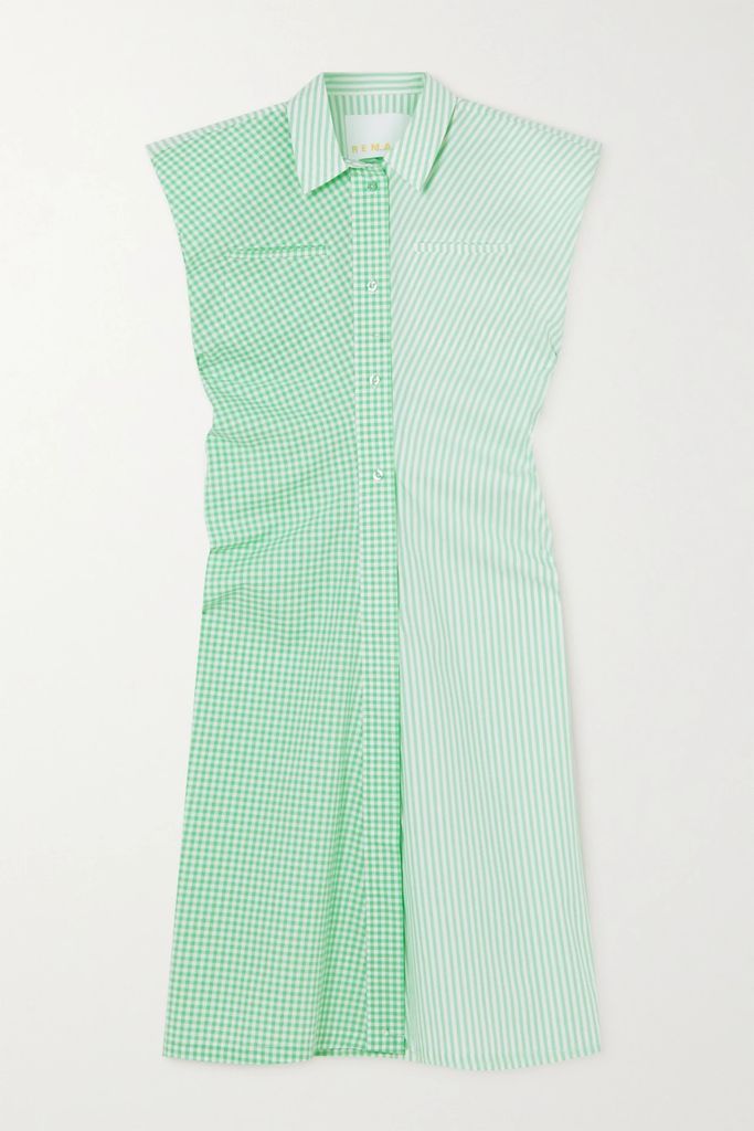 Marika Striped Checked Organic Cotton Shirt Dress - Green