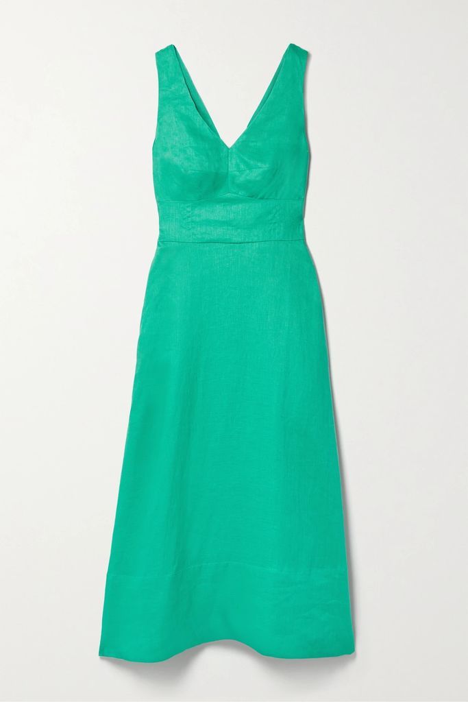 Rachel Bow-embellished Linen Midi Dress - Green