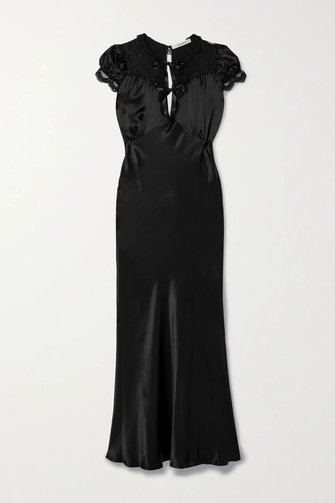 Lace-trimmed Silk-blend Satin Maxi Dress - Black
