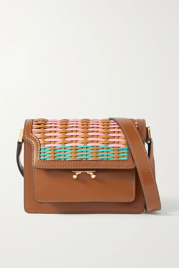 Trunk Mini Woven Matte And Patent-leather Shoulder Bag - Tan