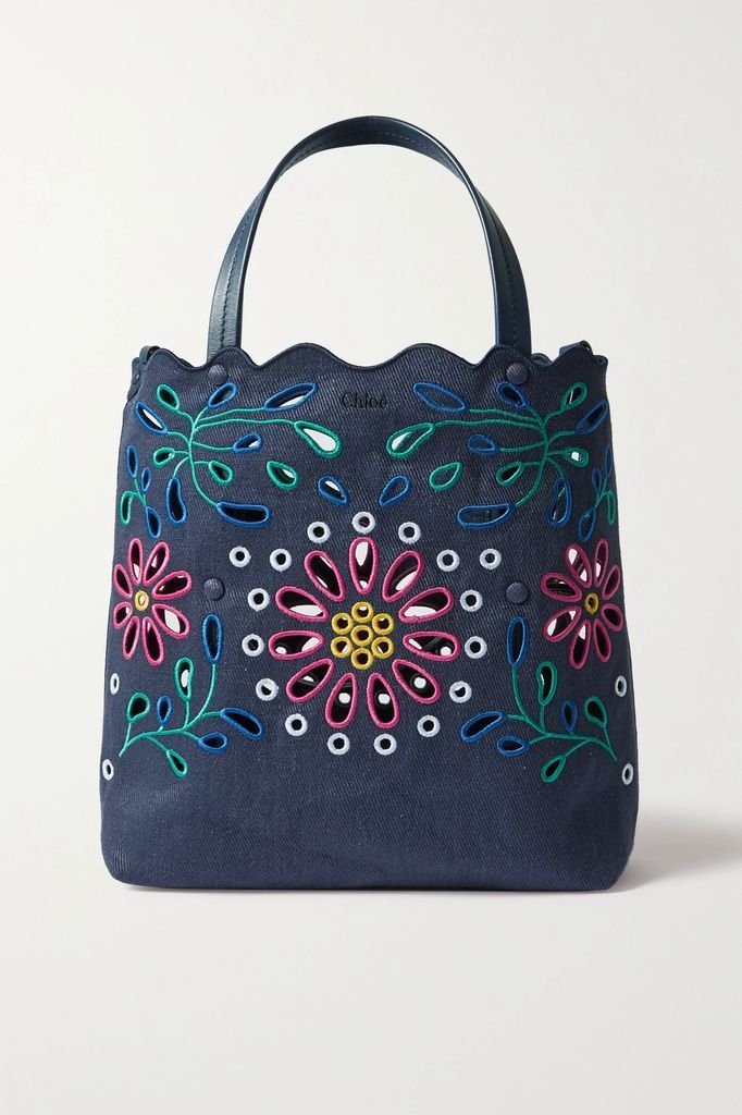 Kamilla Leather-trimmed Broderie Anglaise Linen Tote - Navy