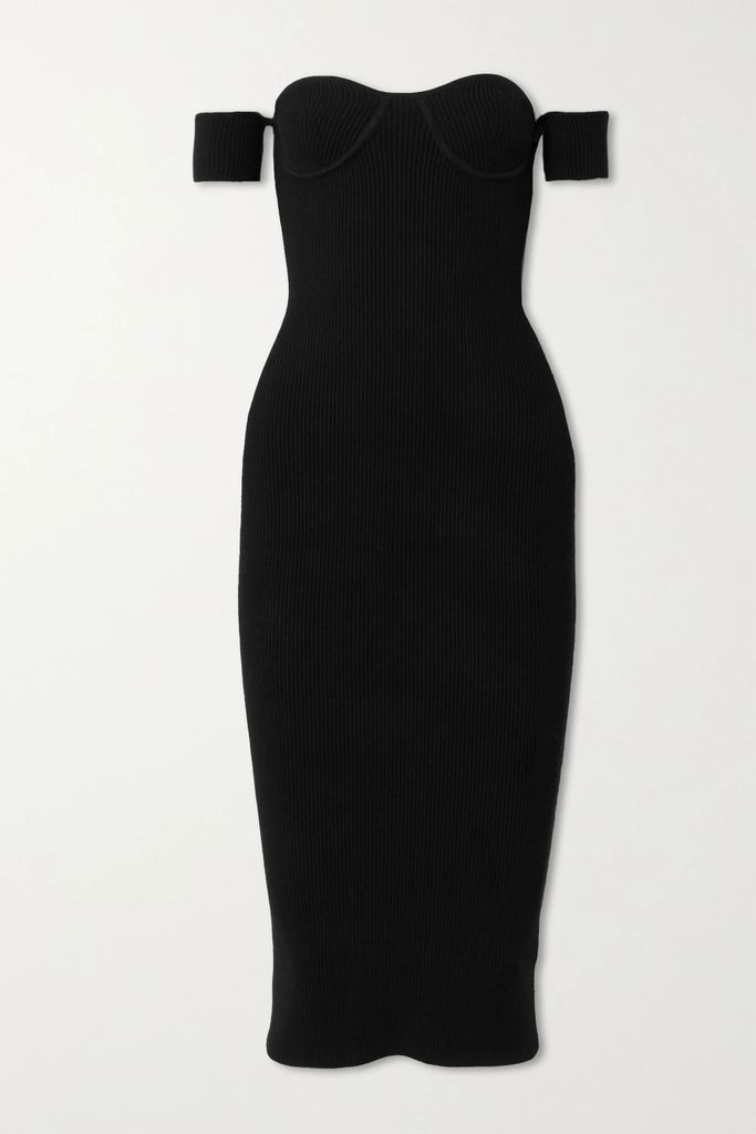 Off-the-shoulder Ribbed-knit Midi Dress - Black