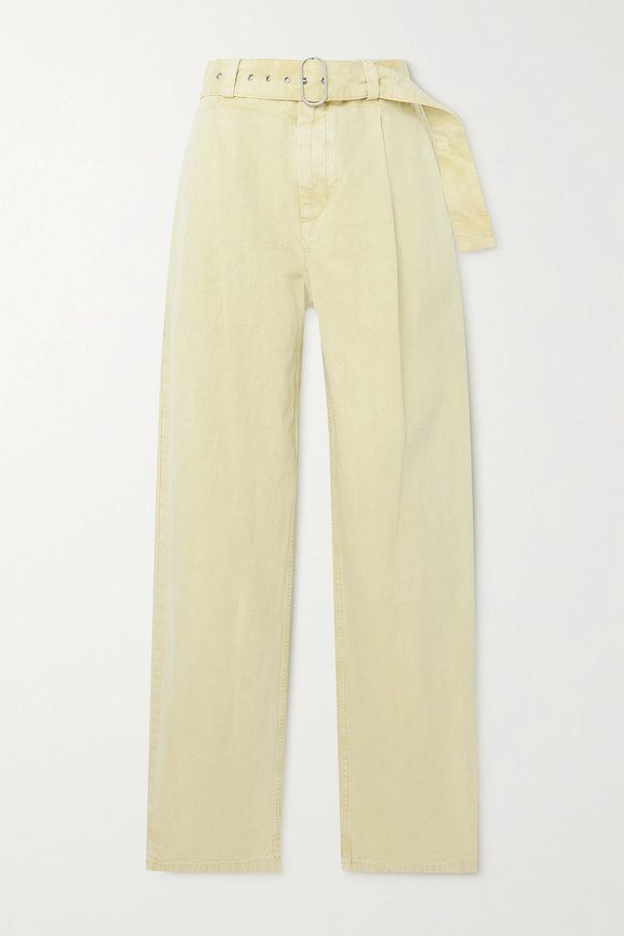 Belted Pleated Cotton-canvas Straight-leg Pants - Light green