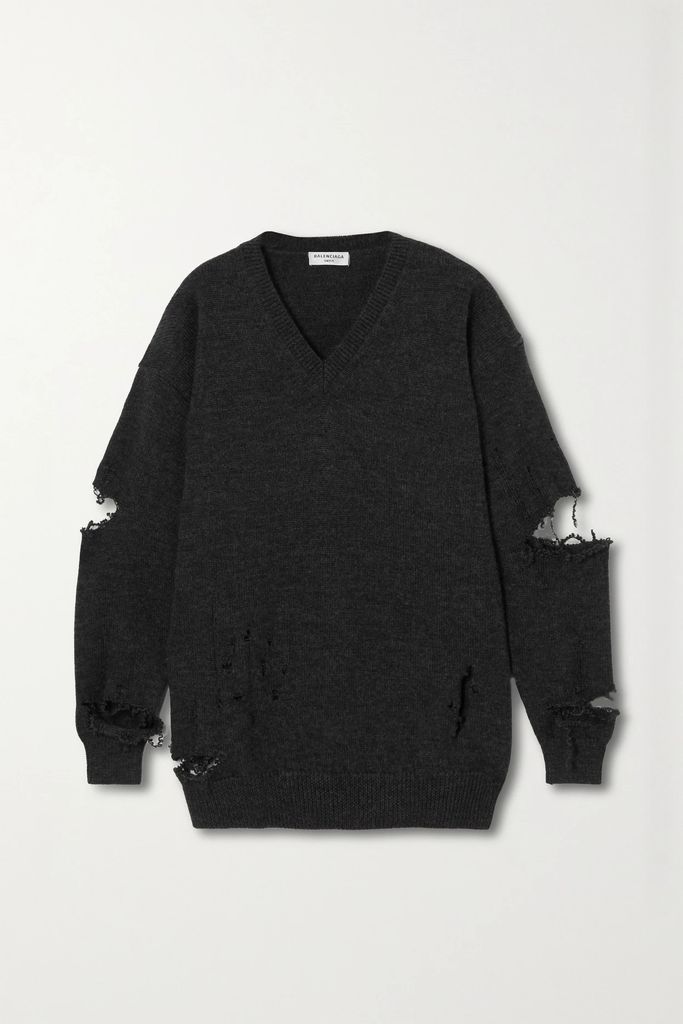 Oversized Distressed Wool Sweater - Gray