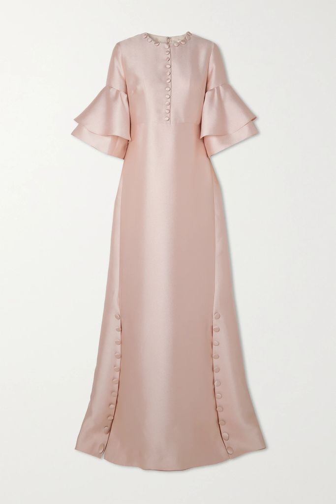 Button-embellished Ruffled Satin-piqué Gown - Blush