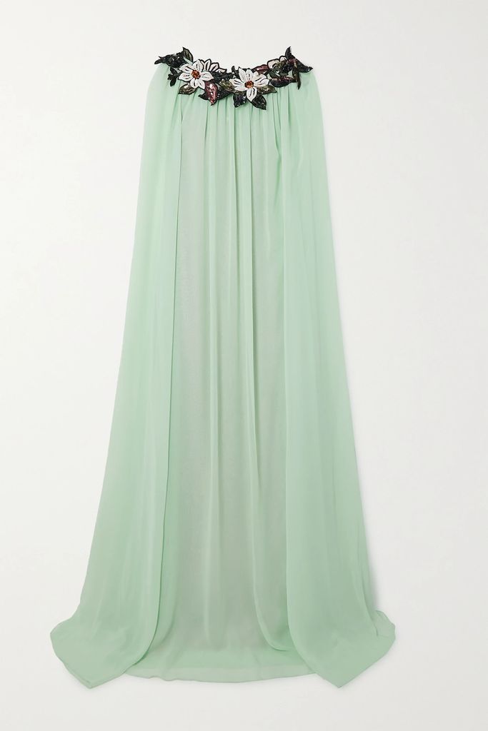 Cape-effect Embellished Silk-chiffon Gown - Mint