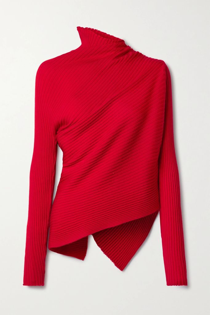 Asymmetric Ribbed Merino Wool Turtleneck Sweater - Red