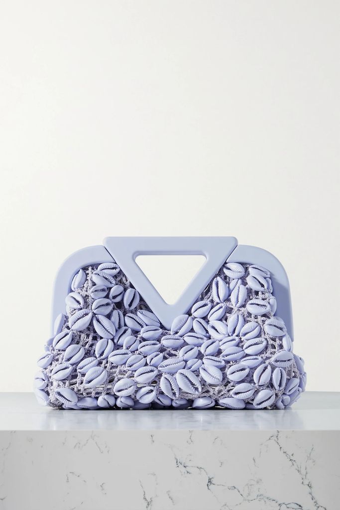 Point Small Leather-trimmed Shell-embellished Crocheted Tote - Lavender