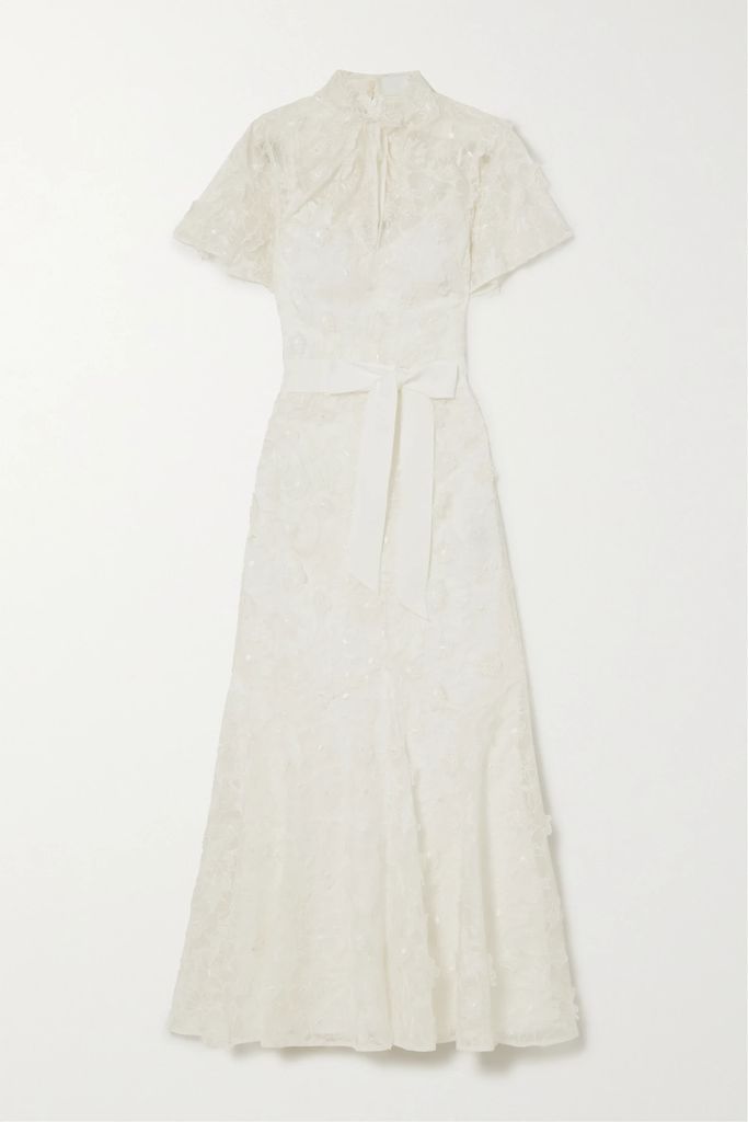 Celestina Belted Ruffled Embroidered Silk-organza And Grosgrain Maxi Dress - Ivory