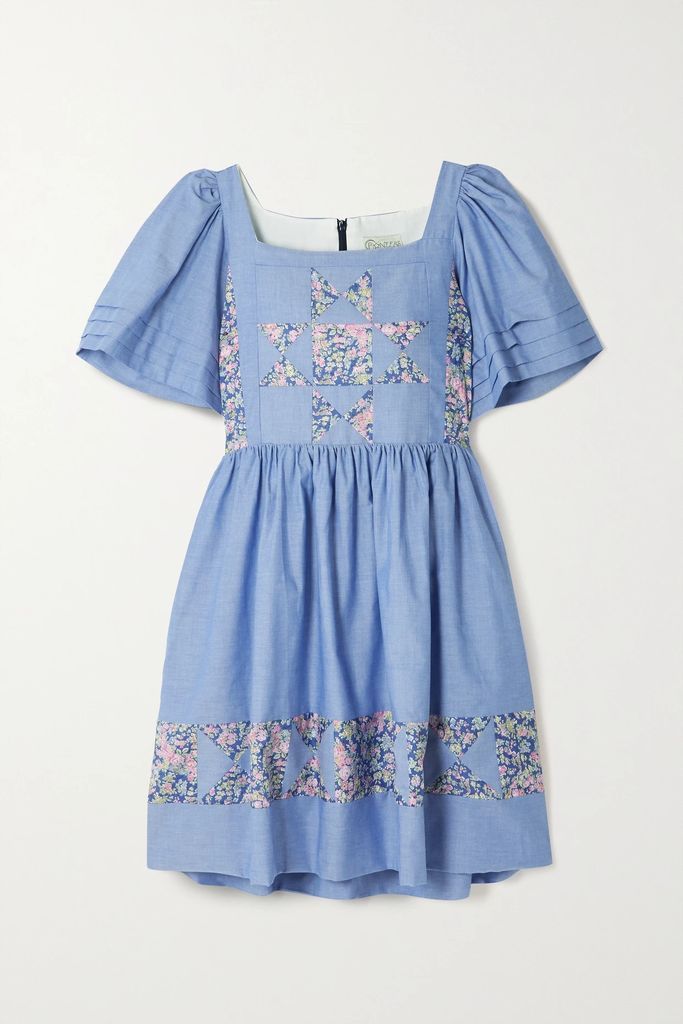 Jemima Patchwork Floral-print Cotton Mini Dress - Mid denim
