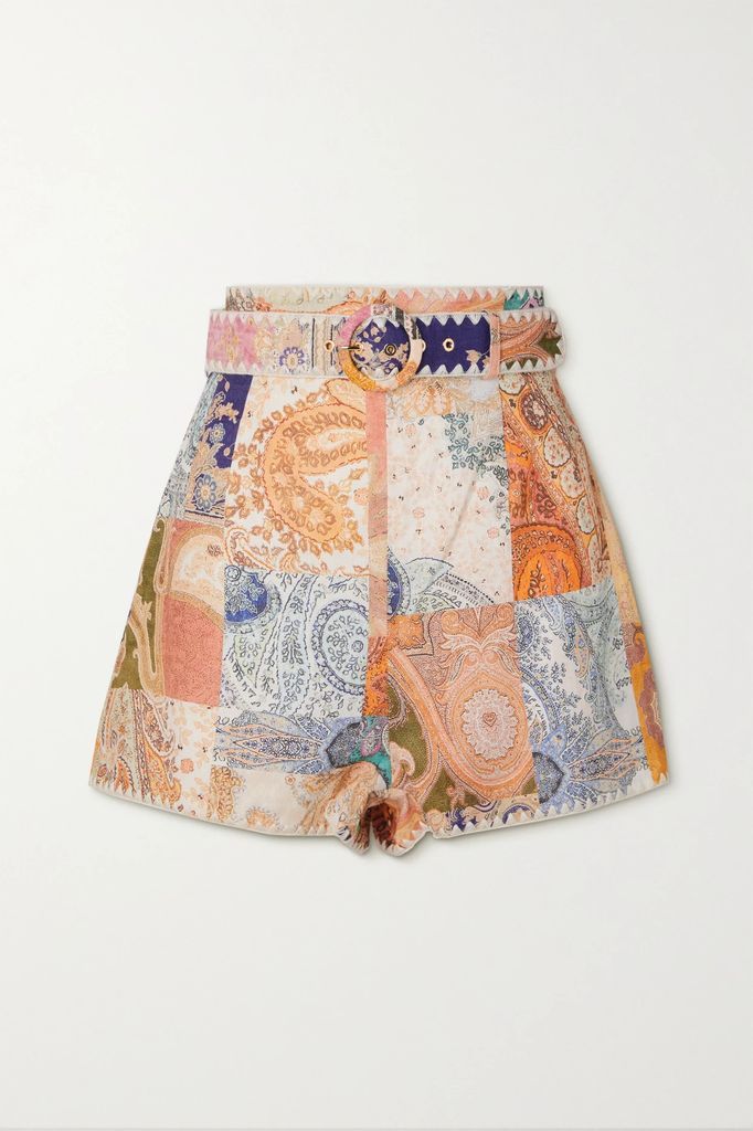 Anneke Belted Patchwork Paisely-print Linen Shorts - Peach