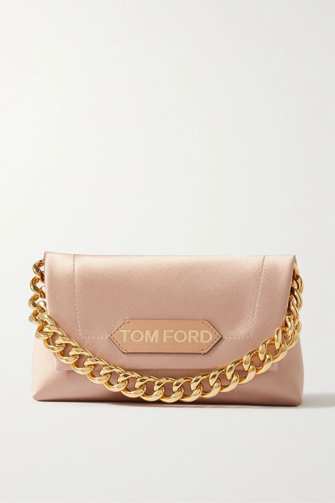 Chain Leather-trimmed Satin Clutch - Beige