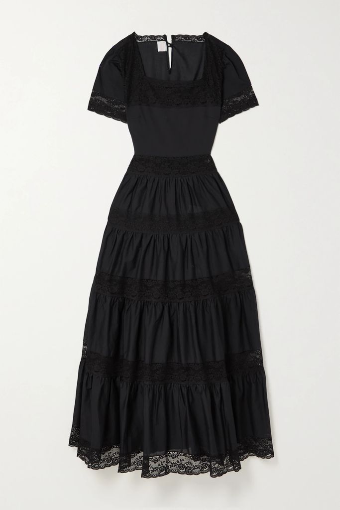 Lulu Smocked Lace-trimmed Cotton-poplin Maxi Dress - Black