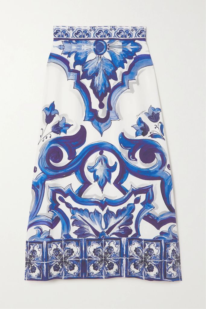 Printed Silk-blend Crepe De Chine Midi Skirt - Blue