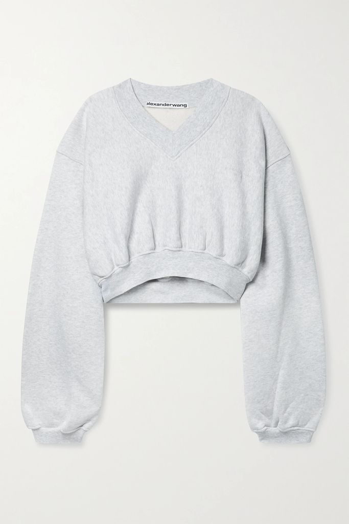 Cropped Gathered Cotton-jersey Sweatshirt - Light gray