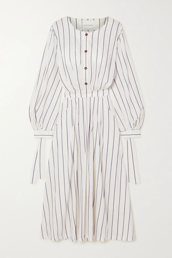 Tie-detailed Striped Cotton-blend Poplin Midi Dress - White