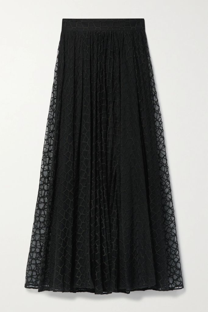 Embroidered Tulle Midi Skirt - Black