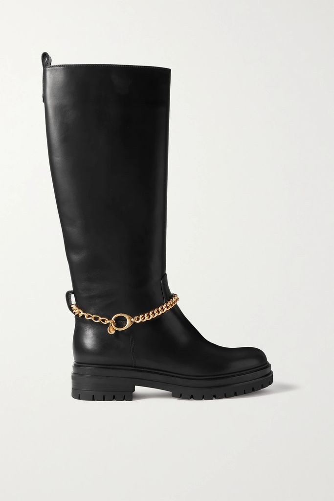 Chain-embellished Leather Knee Boots - Black