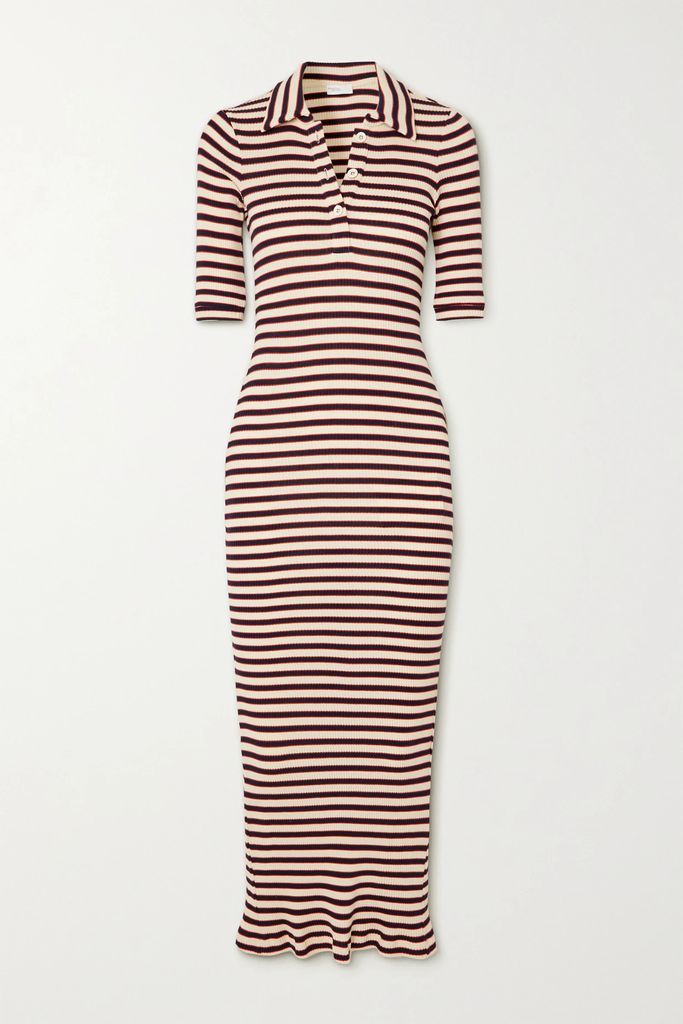 Striped Ribbed Cotton Midi Dress - Beige