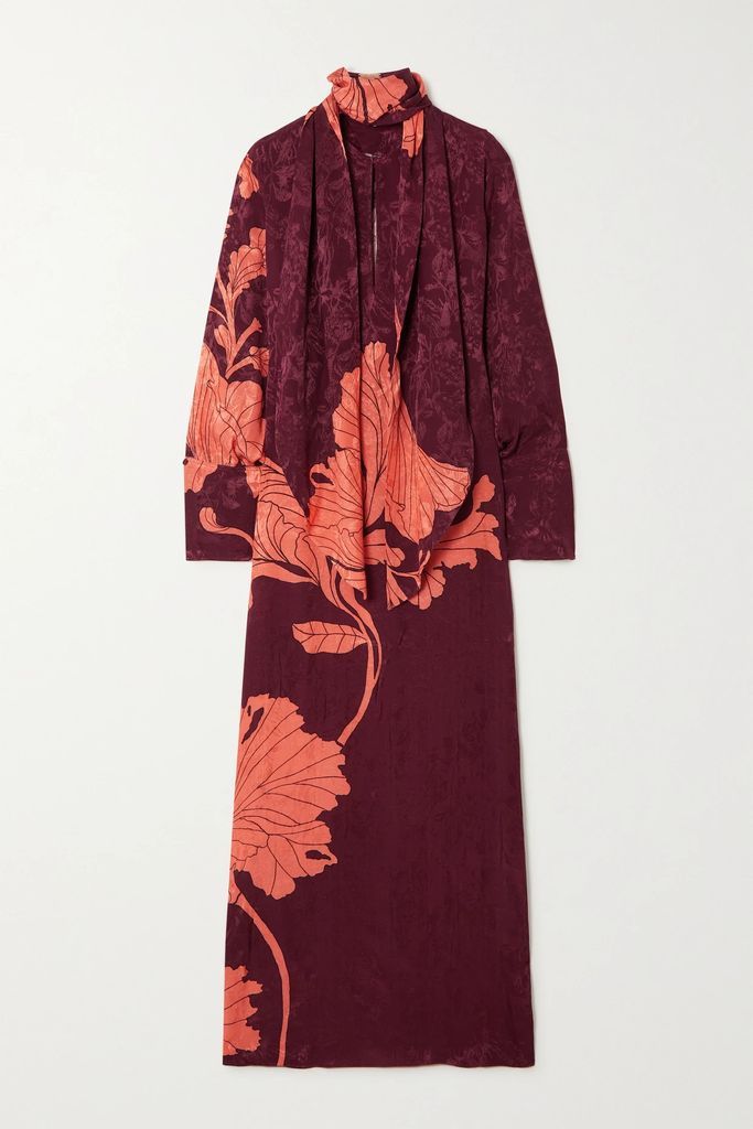 Illuminating Glimpse Tie-detailed Floral-print Satin-jacquard Maxi Dress - Burgundy
