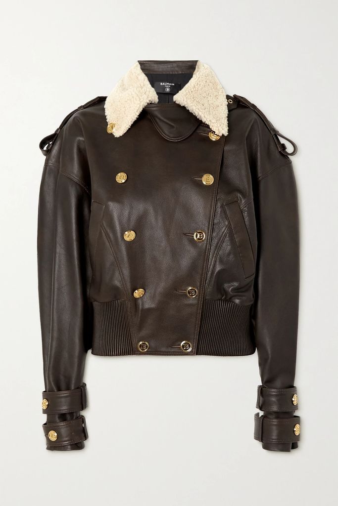 Double-breasted Shearling-trimmed Leather Bomber Jacket - Brown