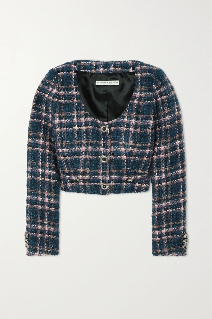 Cropped Button-embellished Checked Tweed Jacket - Blue