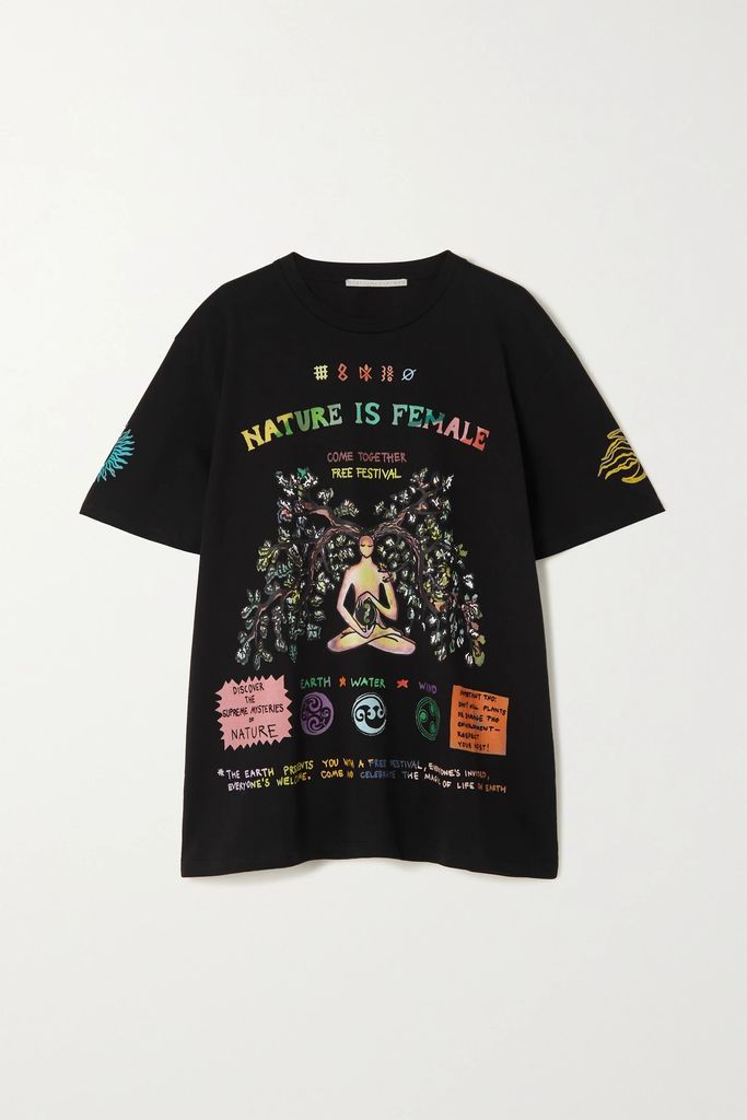 Nature Is Female Oversized Printed Organic Cotton-jersey T-shirt - Black