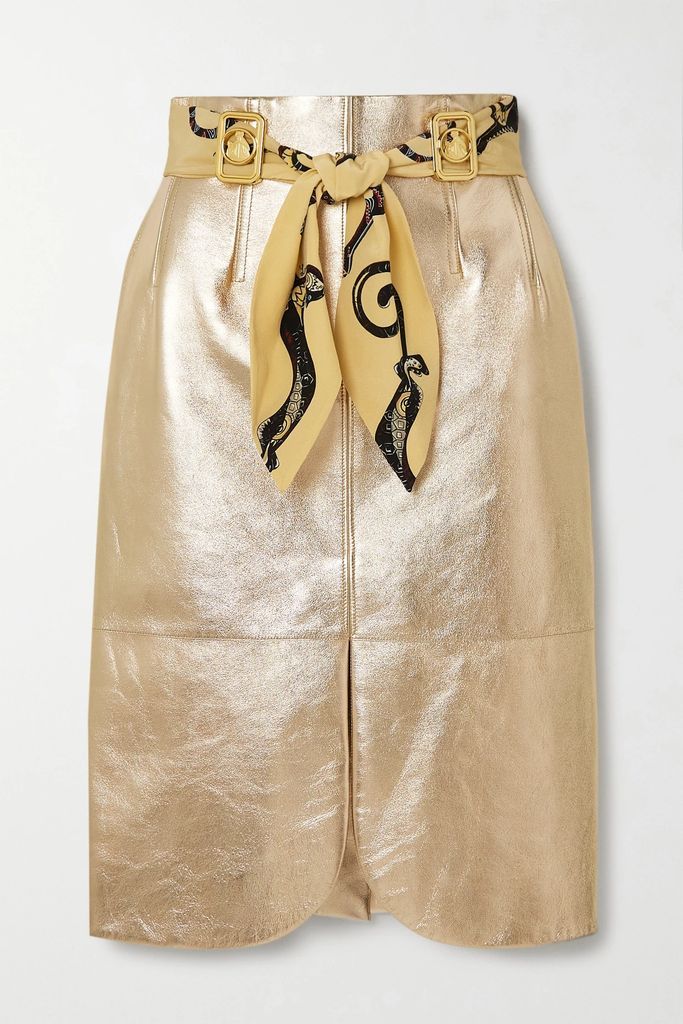 Belted Embellished Metallic Leather Skirt - Gold