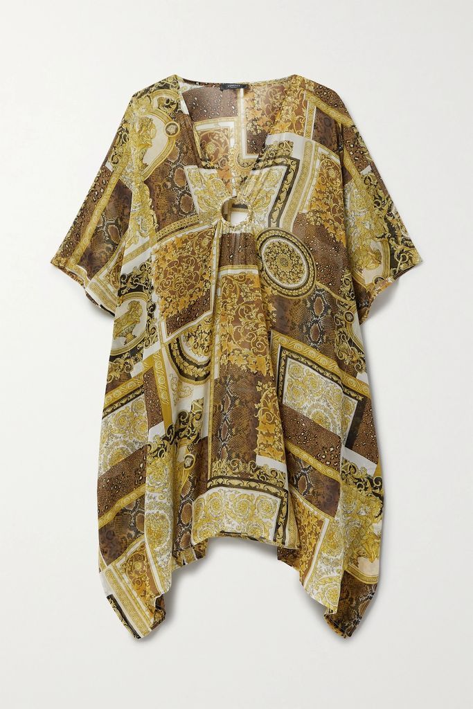 Embellished Printed Silk-georgette Kaftan - Brown