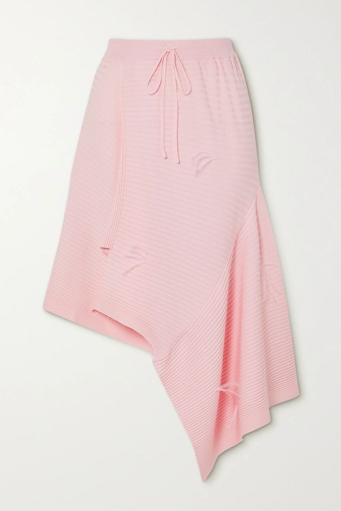 Asymmetric Feather-embellished Ribbed-knit Skirt - Pink