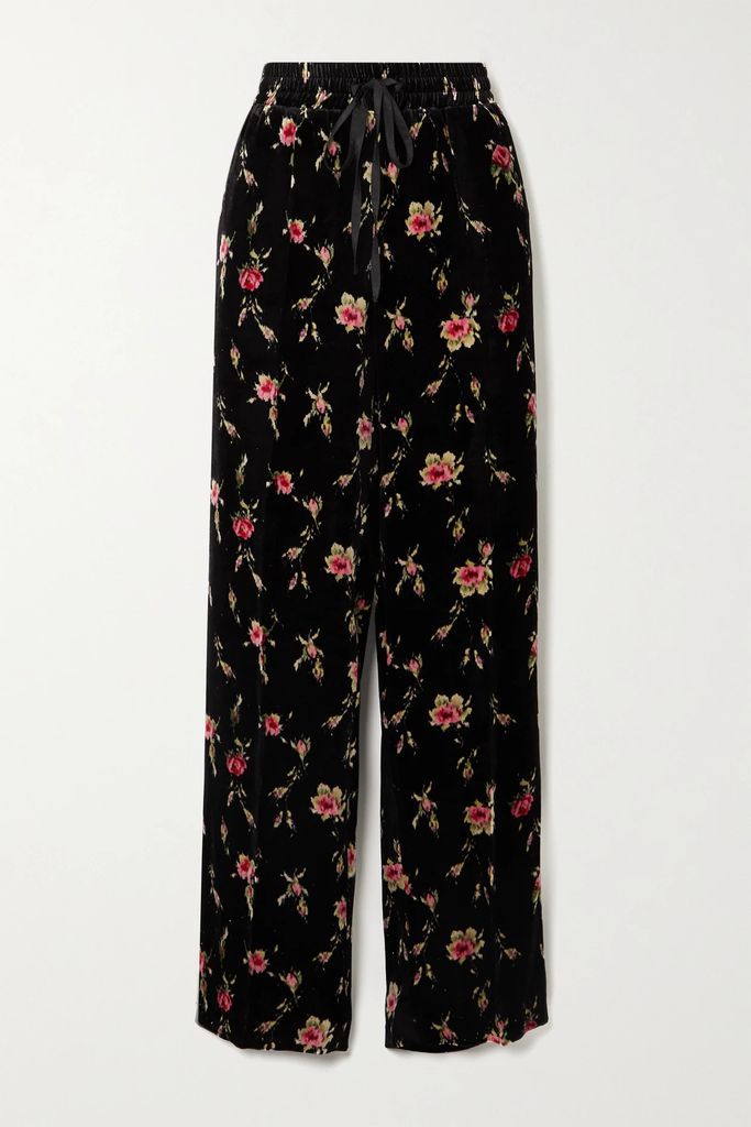 Floral-print Velvet Wide-leg Pants - Black