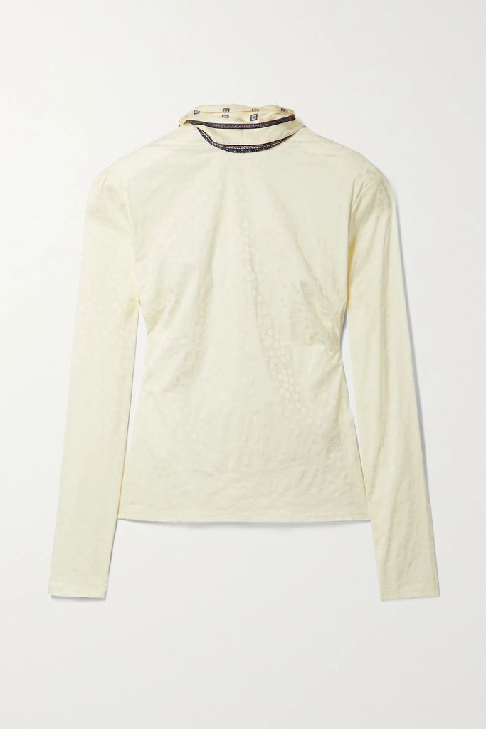 By Any Other Name Printed Silk Twill-trimmed Stretch-jacquard Turtleneck Top - Ivory