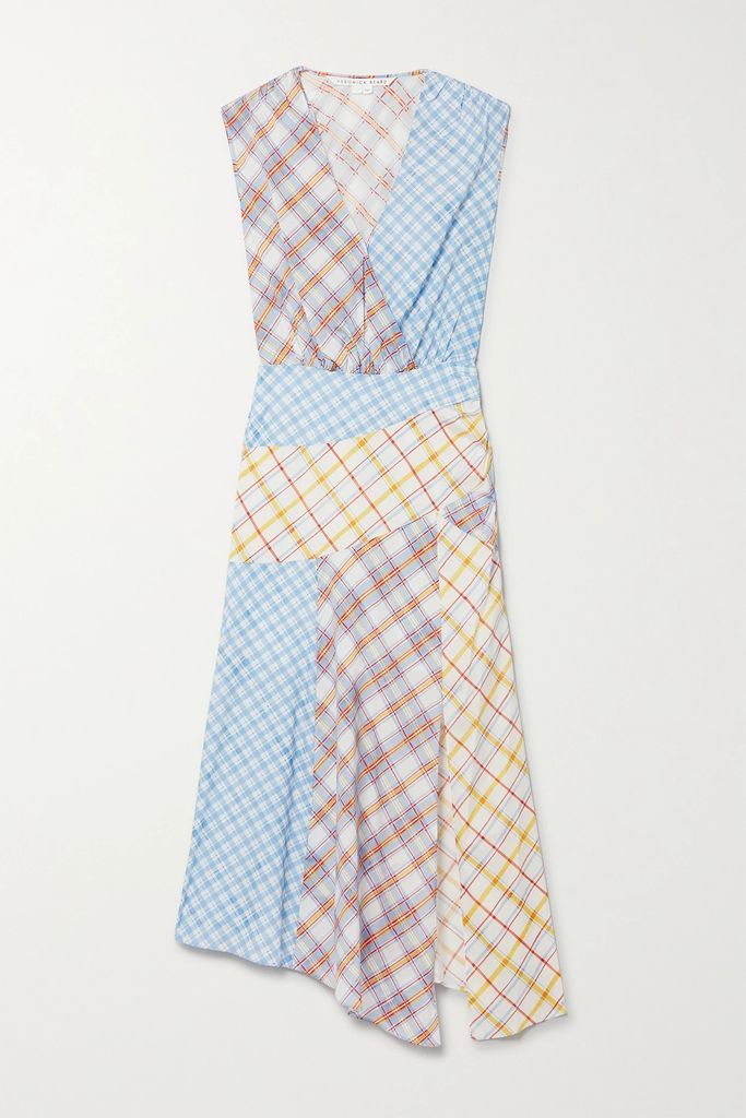 Wixson Ruched Patchwork Checked Silk-blend Crepe De Chine Midi Dress - Blue