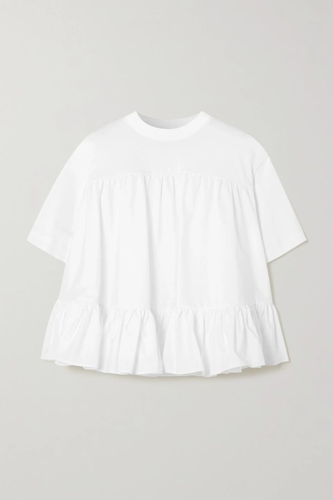 Ruffled Faille-trimmed Cotton-jersey T-shirt - White