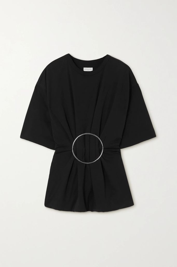 Embellished Gathered Cotton-blend Jersey T-shirt - Black