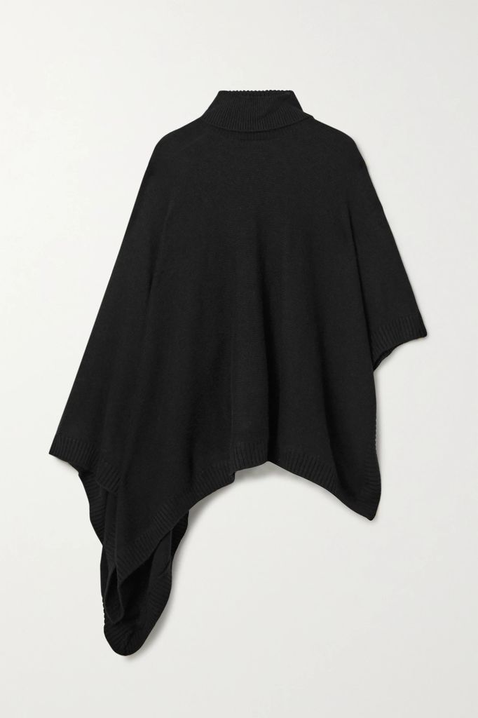 Asymmetric Knitted Turtleneck Poncho - Black