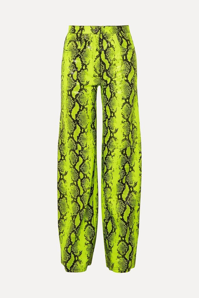 Neon Snake-effect Leather Straight-leg Pants - Lime green