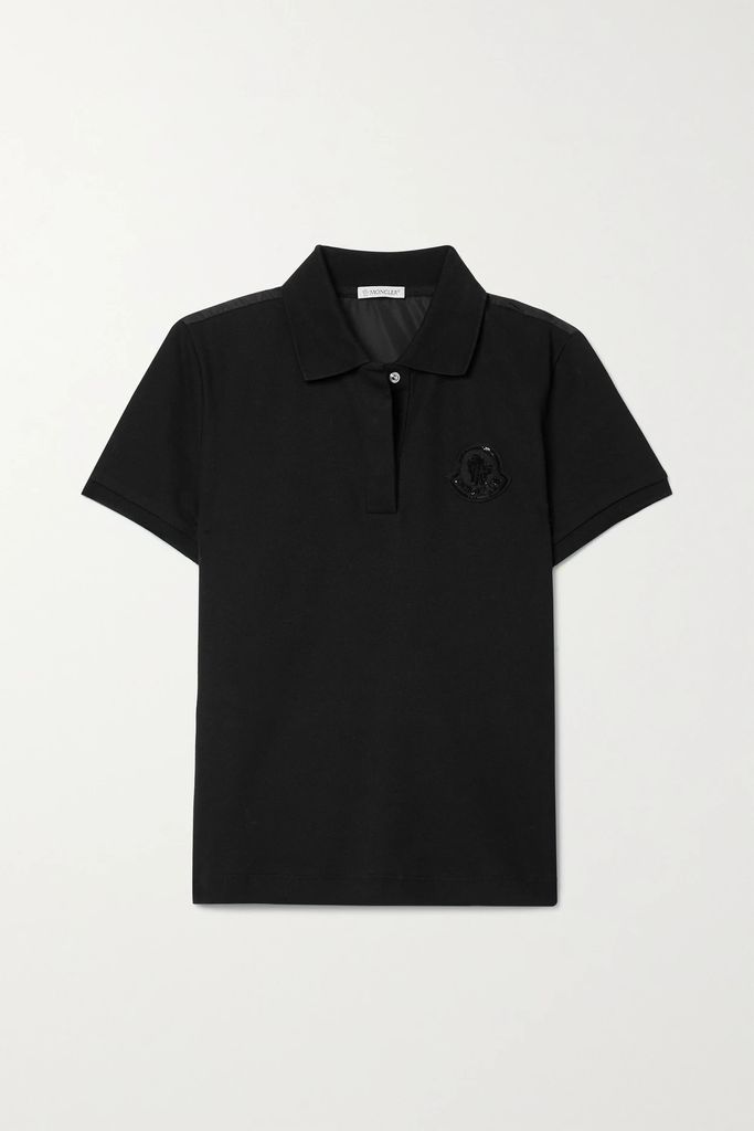 Appliquéd Cotton-piqué And Shell Polo Shirt - Black