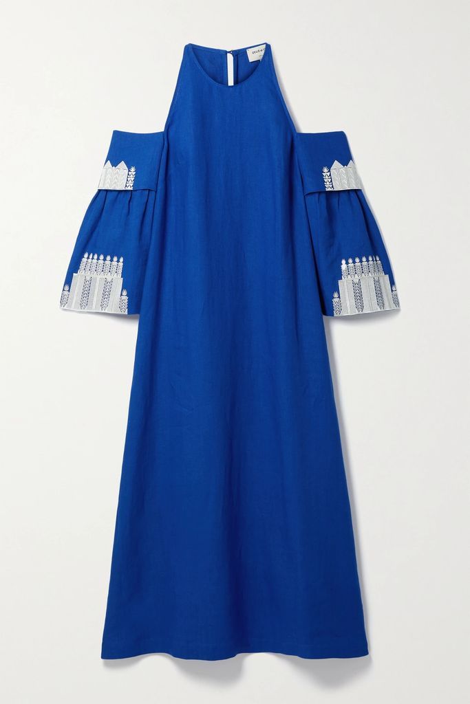 Attiki Cold-shoulder Embroidered Linen Midi Dress - Blue