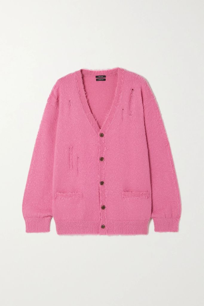Oversized Distressed Merino Wool Cardigan - Pink