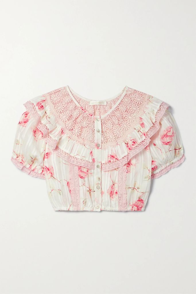 Elania Cropped Lace- And Crochet-trimmed Floral-print Cotton-voile Top - Pink